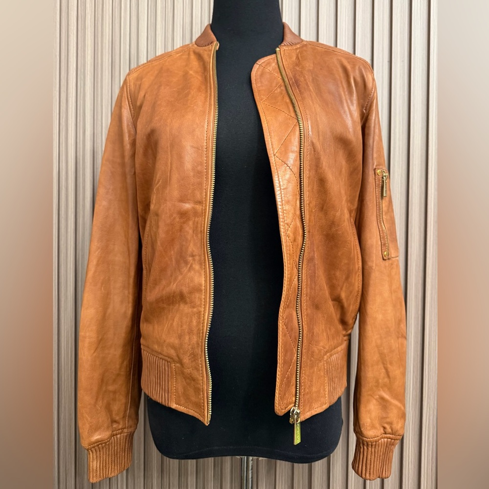 Michael Kors Cognac Brown Leather Bomber Jacket